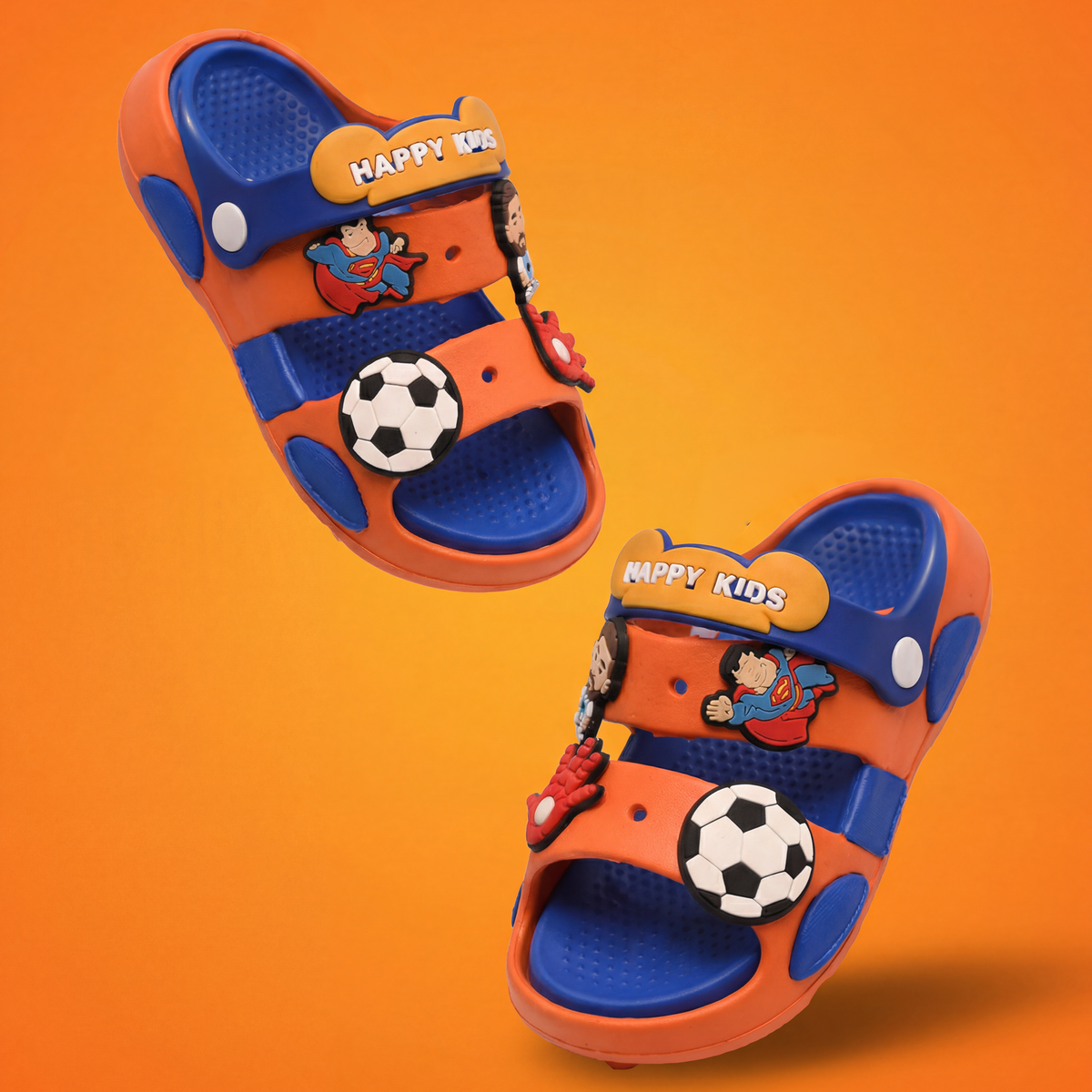 Happy Kids Superhero & Soccer Kids' Slide Sandals | Orange & Royal Blue