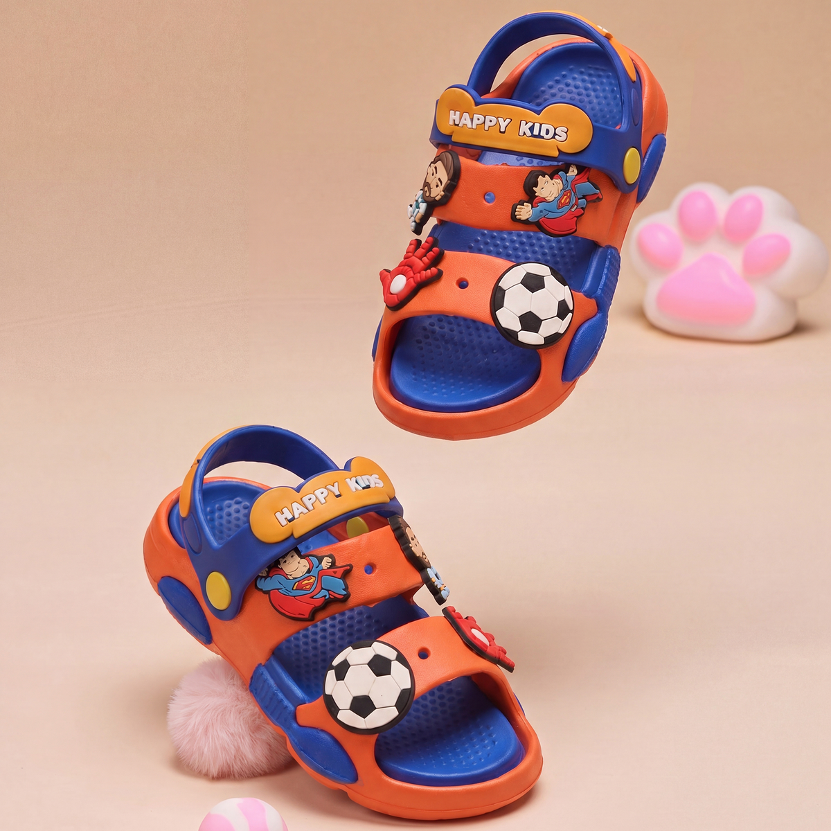 Happy Kids Superhero & Soccer Kids' Slide Sandals | Orange & Royal Blue
