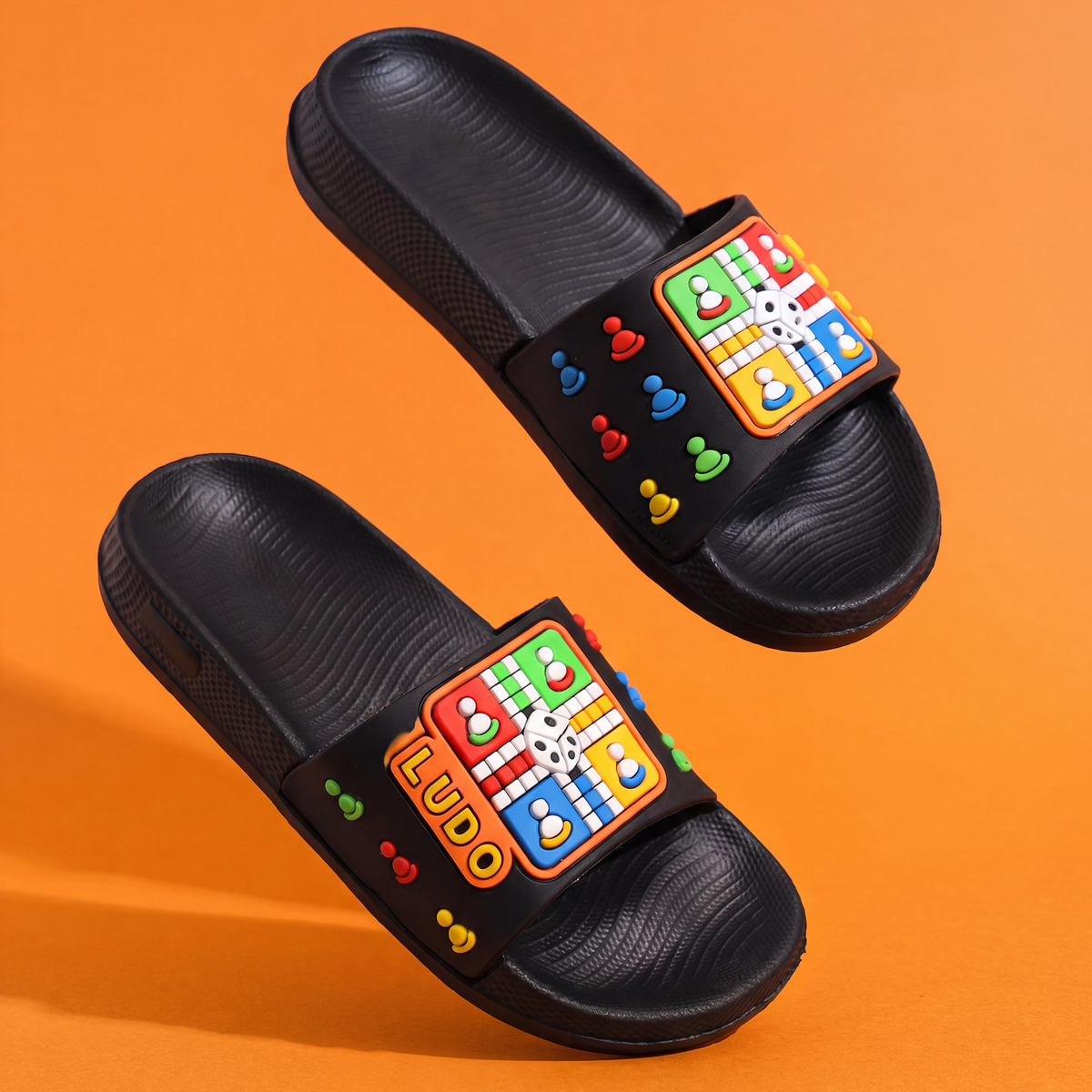 Ludo Board Game Kids' Slide Slippers | Black & Multi-Color