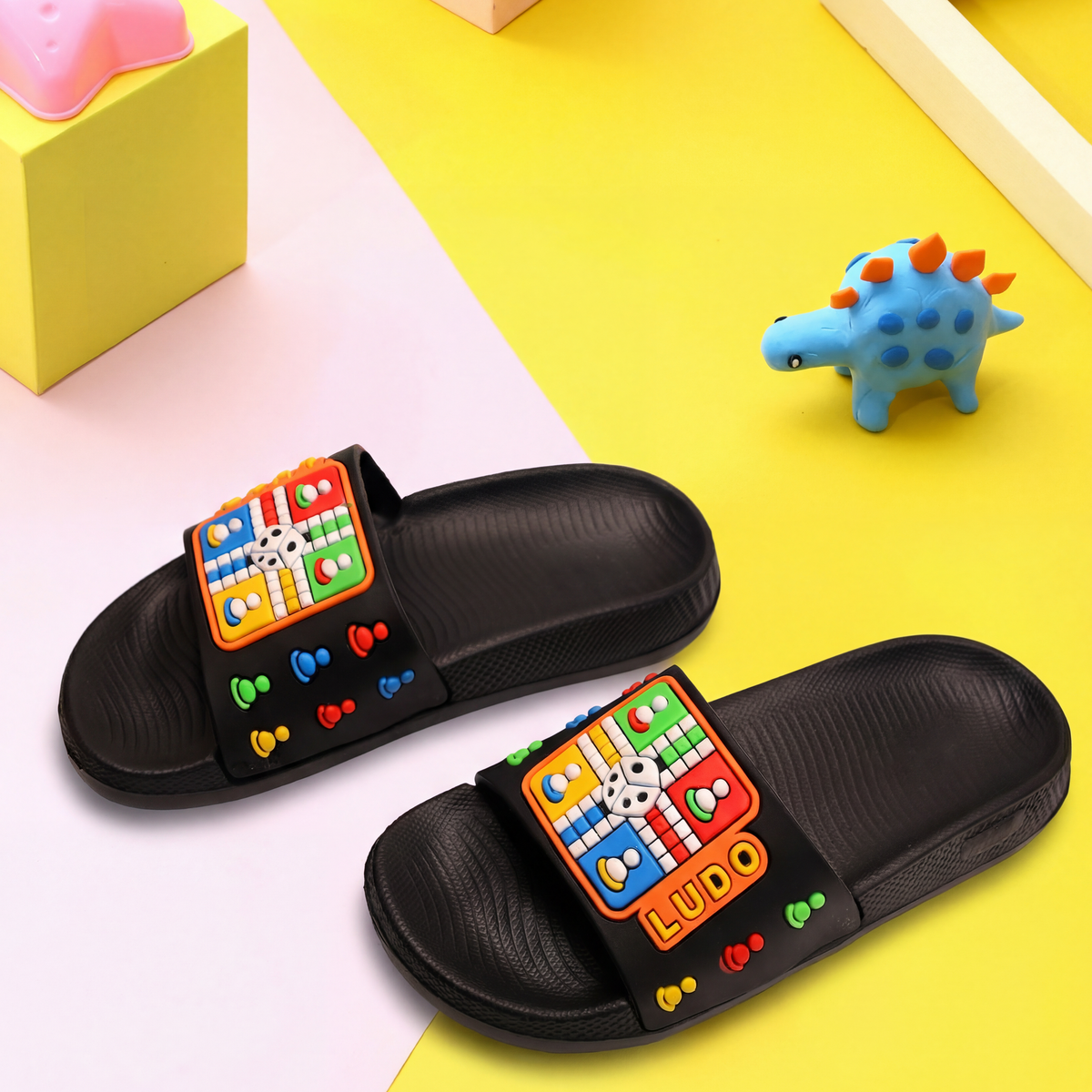 Ludo Board Game Kids' Slide Slippers | Black & Multi-Color